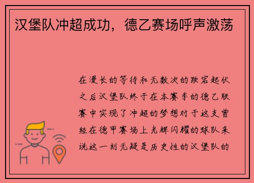 汉堡队冲超成功，德乙赛场呼声激荡